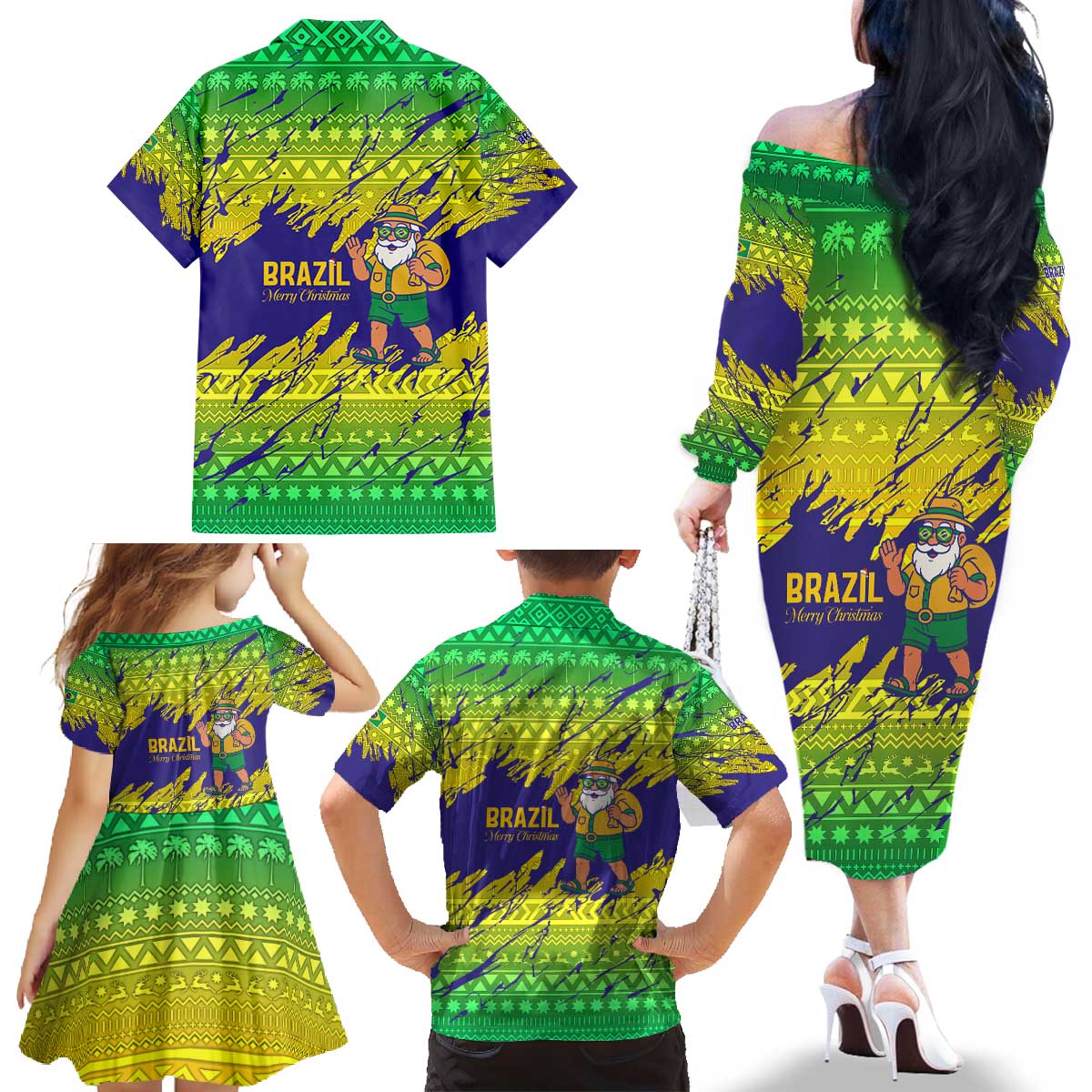 Brazil Christmas Family Matching Off The Shoulder Long Sleeve Dress and Hawaiian Shirt with Tropical Santa Tribal Pattern National Colors and Merry Christmas Text Design - Wonder Print Shop