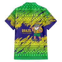 Brazil Christmas Family Matching Off The Shoulder Long Sleeve Dress and Hawaiian Shirt with Tropical Santa Tribal Pattern National Colors and Merry Christmas Text Design - Wonder Print Shop