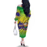 Brazil Christmas Family Matching Off The Shoulder Long Sleeve Dress and Hawaiian Shirt with Tropical Santa Tribal Pattern National Colors and Merry Christmas Text Design - Wonder Print Shop