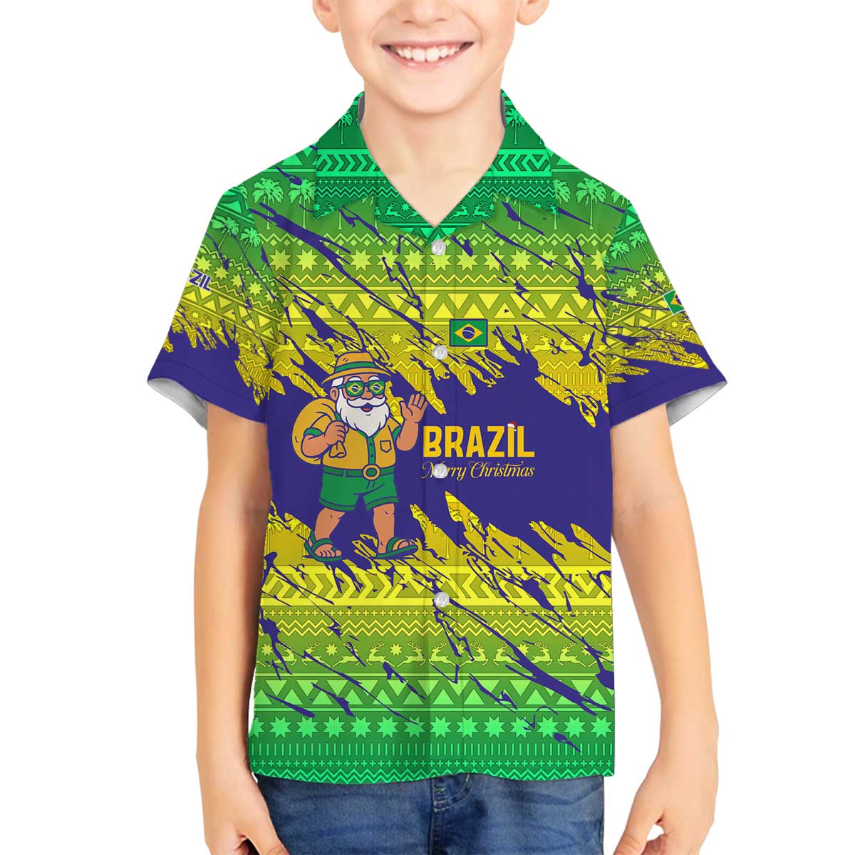 Brazil Christmas Family Matching Off The Shoulder Long Sleeve Dress and Hawaiian Shirt with Tropical Santa Tribal Pattern National Colors and Merry Christmas Text Design - Wonder Print Shop