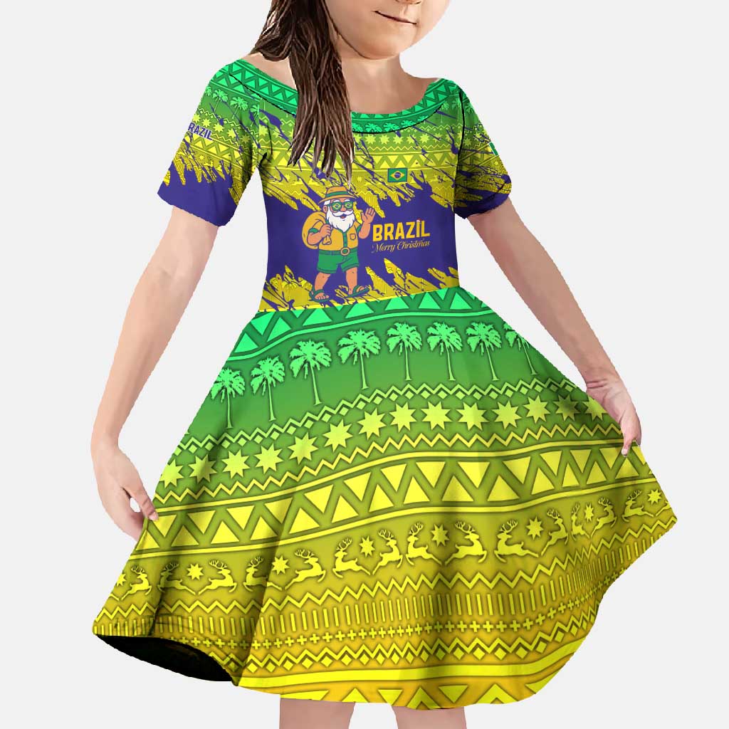 Brazil Christmas Family Matching Off Shoulder Maxi Dress and Hawaiian Shirt with Tropical Santa Tribal Pattern National Colors and Merry Christmas Text Design - Wonder Print Shop