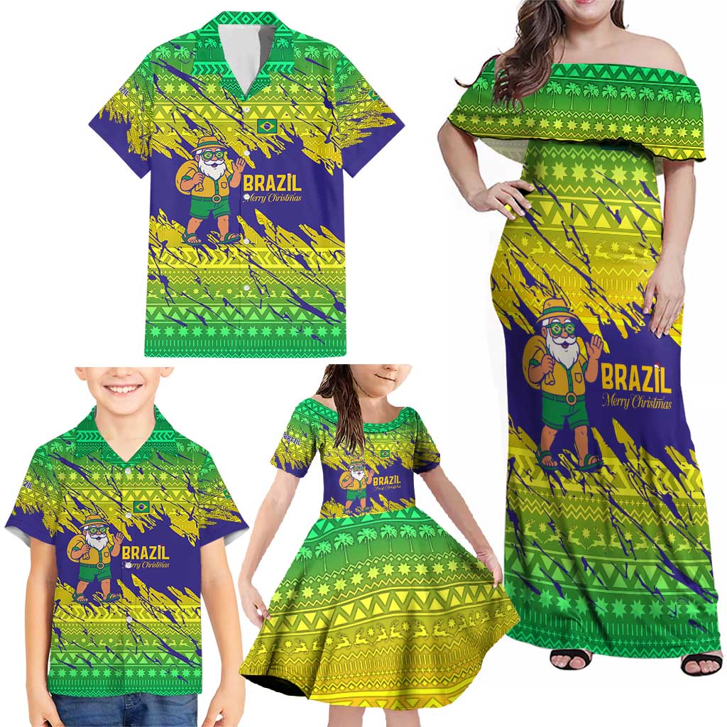 Brazil Christmas Family Matching Off Shoulder Maxi Dress and Hawaiian Shirt with Tropical Santa Tribal Pattern National Colors and Merry Christmas Text Design - Wonder Print Shop