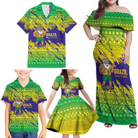 Brazil Christmas Family Matching Off Shoulder Maxi Dress and Hawaiian Shirt with Tropical Santa Tribal Pattern National Colors and Merry Christmas Text Design - Wonder Print Shop