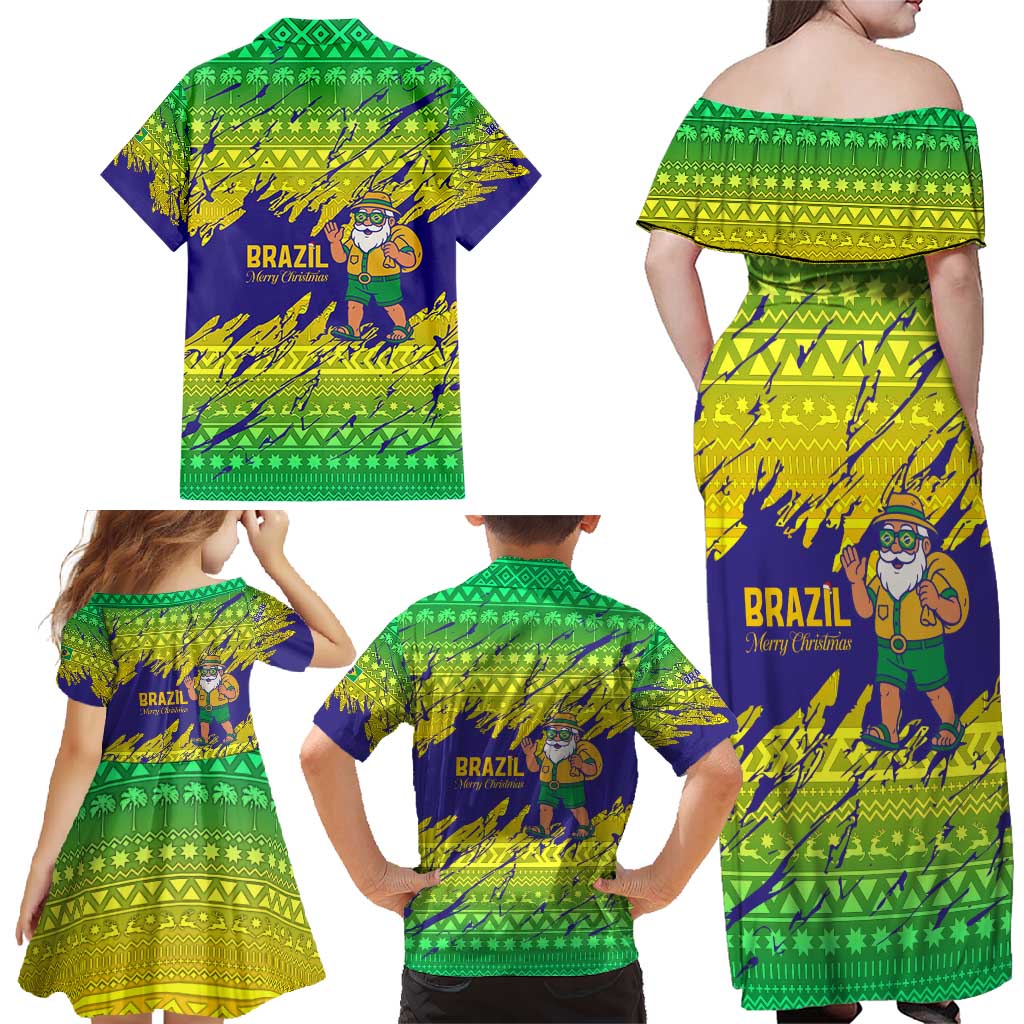 Brazil Christmas Family Matching Off Shoulder Maxi Dress and Hawaiian Shirt with Tropical Santa Tribal Pattern National Colors and Merry Christmas Text Design - Wonder Print Shop