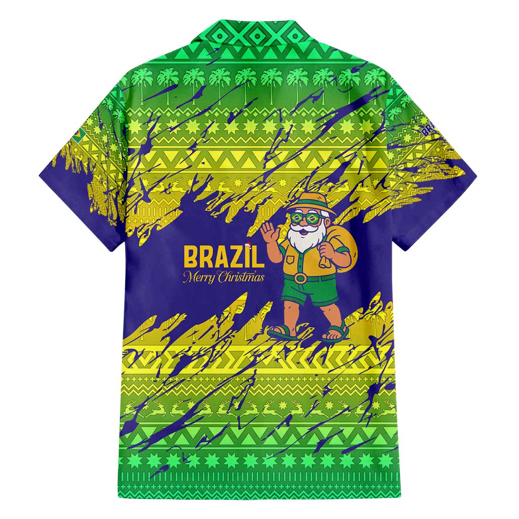 Brazil Christmas Family Matching Off Shoulder Maxi Dress and Hawaiian Shirt with Tropical Santa Tribal Pattern National Colors and Merry Christmas Text Design - Wonder Print Shop