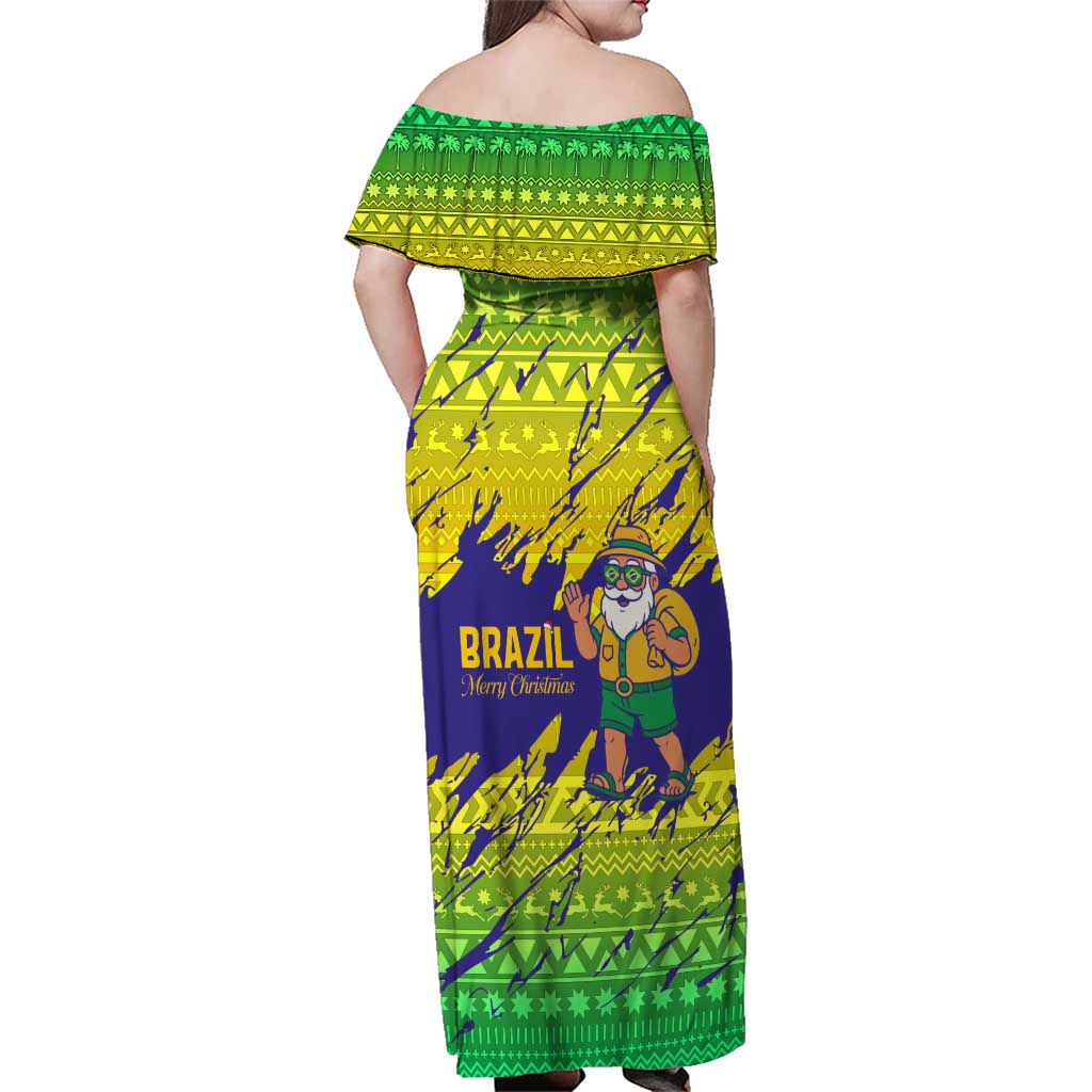 Brazil Christmas Family Matching Off Shoulder Maxi Dress and Hawaiian Shirt with Tropical Santa Tribal Pattern National Colors and Merry Christmas Text Design - Wonder Print Shop