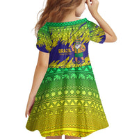 Brazil Christmas Family Matching Off Shoulder Short Dress and Hawaiian Shirt with Tropical Santa Tribal Pattern National Colors and Merry Christmas Text Design - Wonder Print Shop