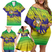 Brazil Christmas Family Matching Off Shoulder Short Dress and Hawaiian Shirt with Tropical Santa Tribal Pattern National Colors and Merry Christmas Text Design - Wonder Print Shop