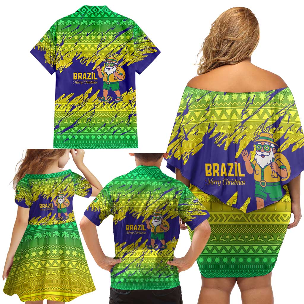 Brazil Christmas Family Matching Off Shoulder Short Dress and Hawaiian Shirt with Tropical Santa Tribal Pattern National Colors and Merry Christmas Text Design - Wonder Print Shop