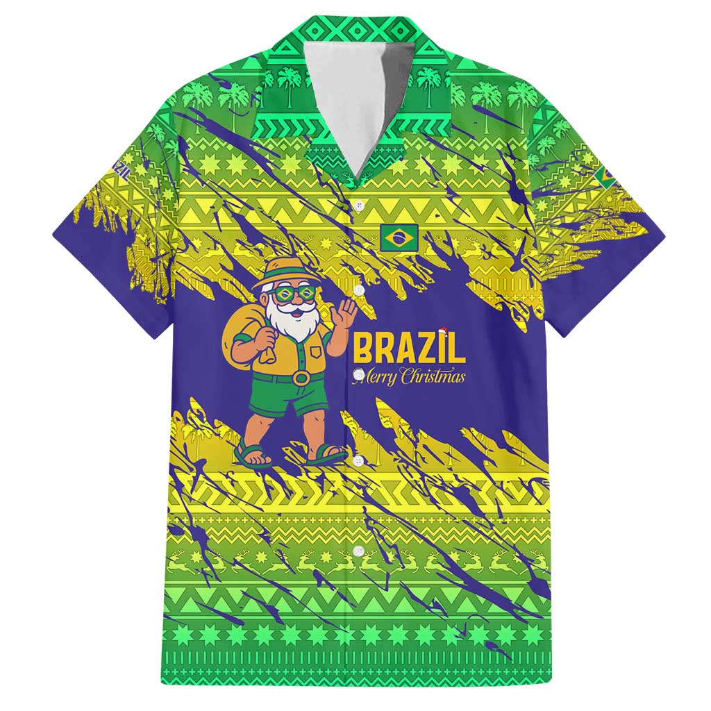 Brazil Christmas Family Matching Off Shoulder Short Dress and Hawaiian Shirt with Tropical Santa Tribal Pattern National Colors and Merry Christmas Text Design - Wonder Print Shop