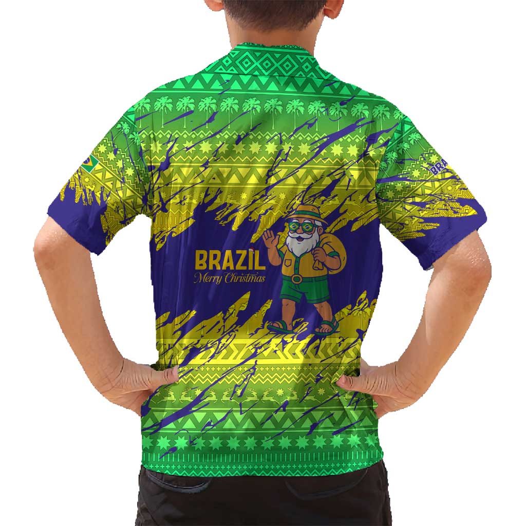 Brazil Christmas Family Matching Puletasi and Hawaiian Shirt with Tropical Santa Tribal Pattern National Colors and Merry Christmas Text Design - Wonder Print Shop