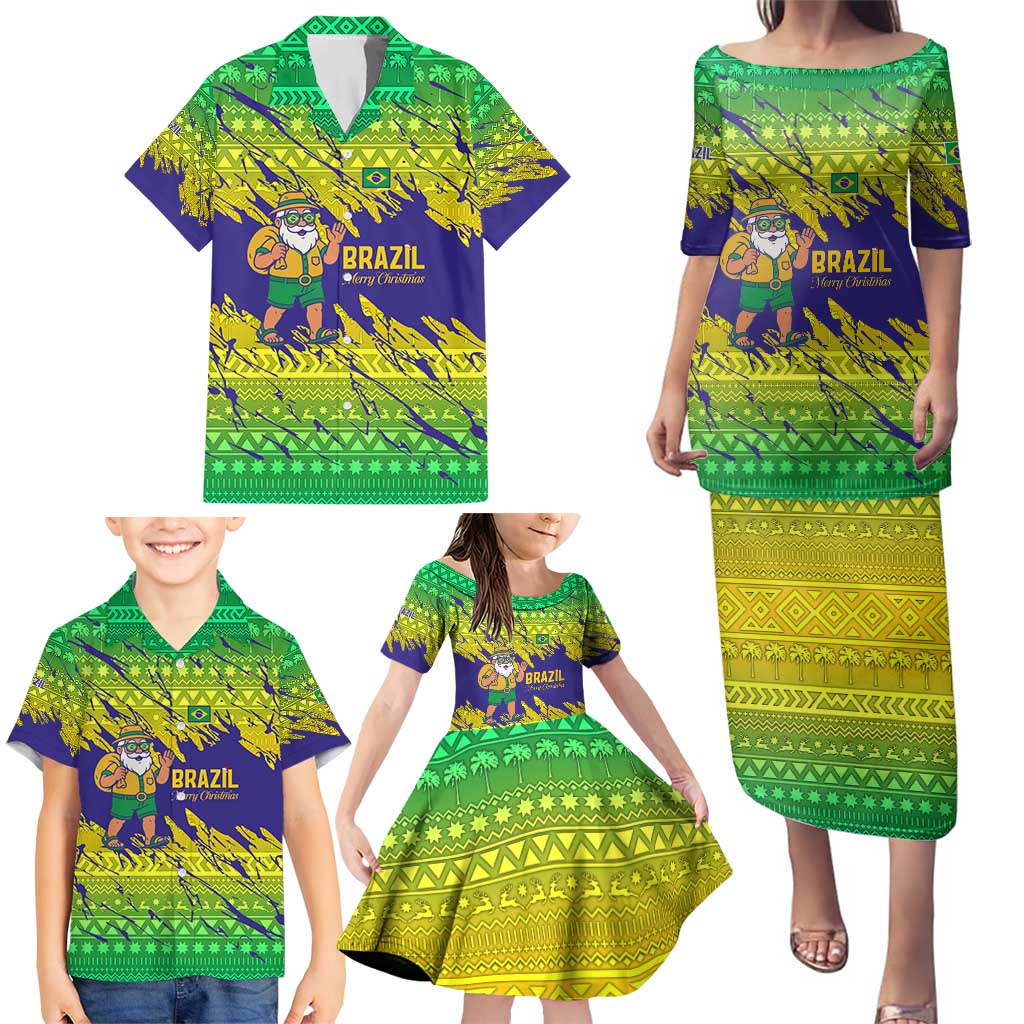 Brazil Christmas Family Matching Puletasi and Hawaiian Shirt with Tropical Santa Tribal Pattern National Colors and Merry Christmas Text Design - Wonder Print Shop