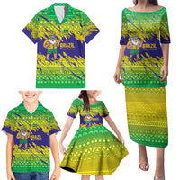 Brazil Christmas Family Matching Puletasi and Hawaiian Shirt with Tropical Santa Tribal Pattern National Colors and Merry Christmas Text Design - Wonder Print Shop