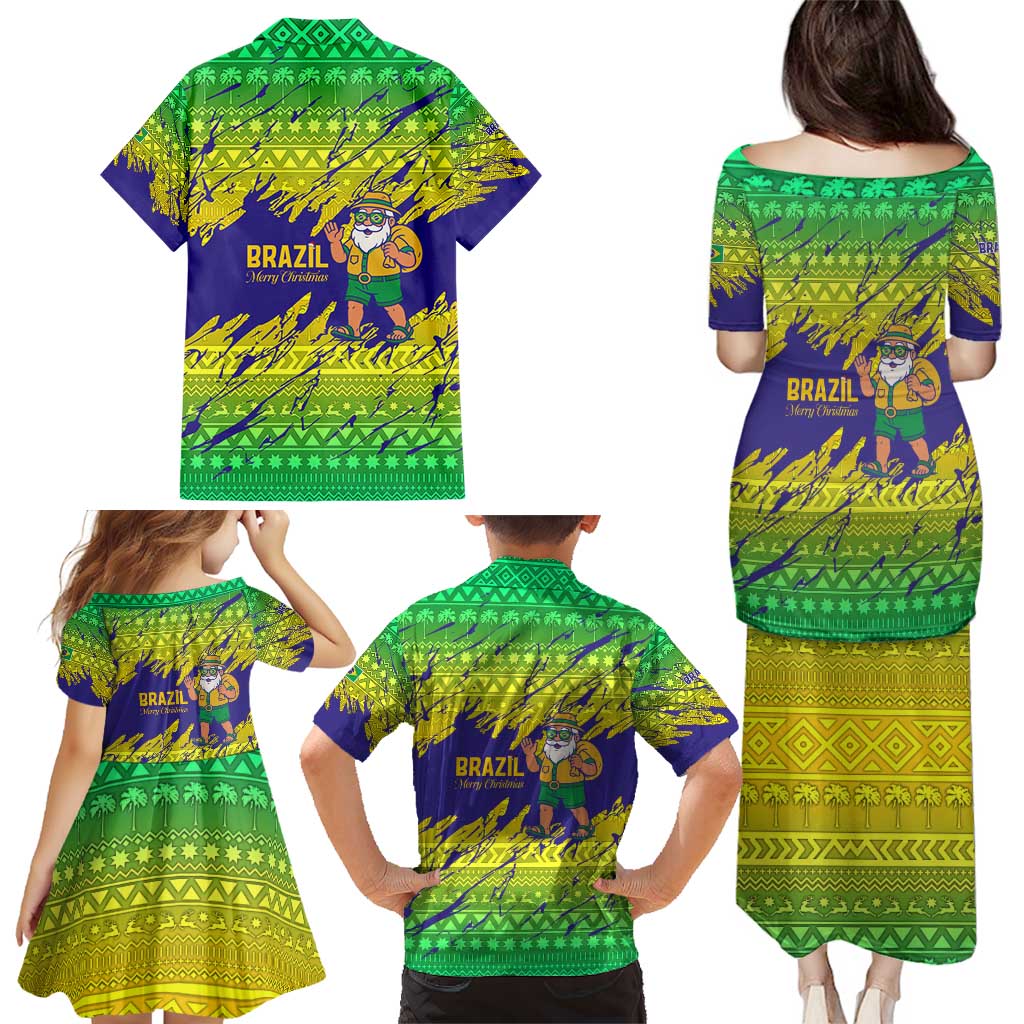 Brazil Christmas Family Matching Puletasi and Hawaiian Shirt with Tropical Santa Tribal Pattern National Colors and Merry Christmas Text Design - Wonder Print Shop