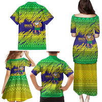 Brazil Christmas Family Matching Puletasi and Hawaiian Shirt with Tropical Santa Tribal Pattern National Colors and Merry Christmas Text Design - Wonder Print Shop