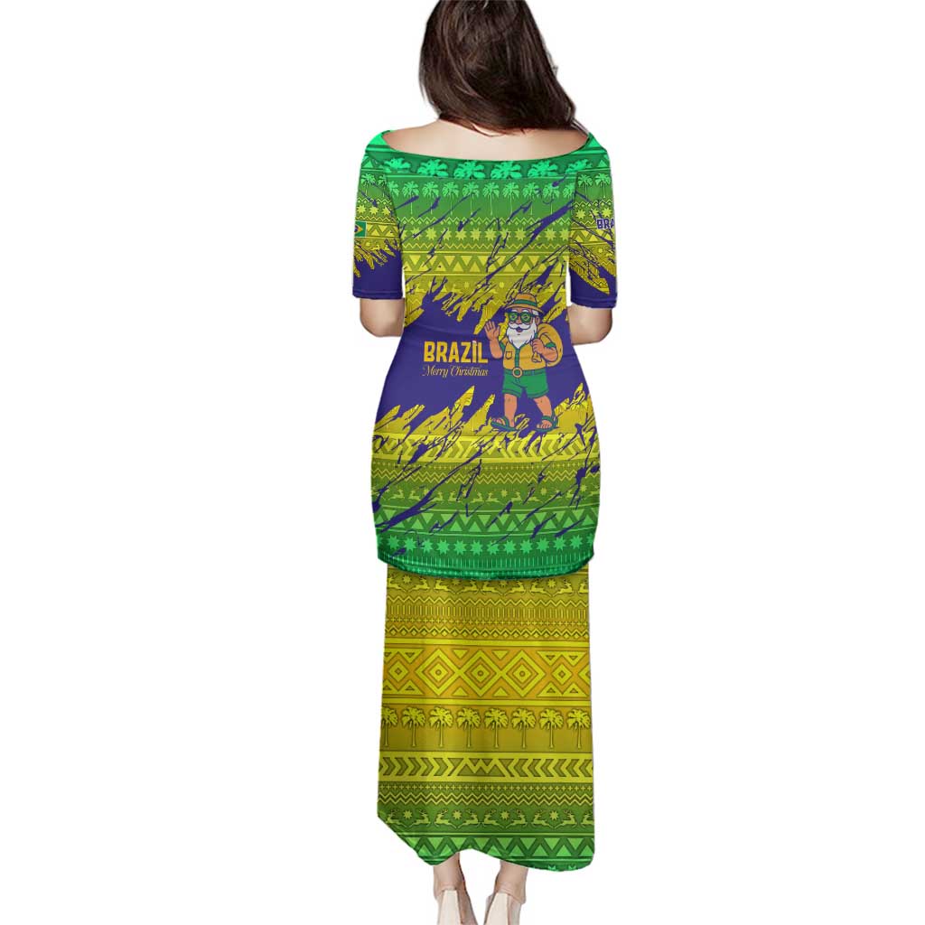 Brazil Christmas Family Matching Puletasi and Hawaiian Shirt with Tropical Santa Tribal Pattern National Colors and Merry Christmas Text Design - Wonder Print Shop