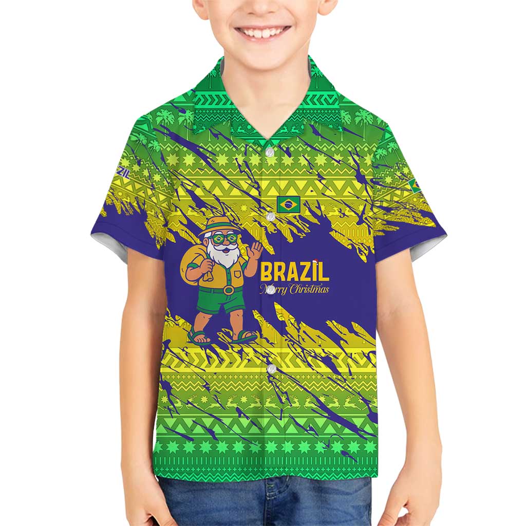 Brazil Christmas Family Matching Puletasi and Hawaiian Shirt with Tropical Santa Tribal Pattern National Colors and Merry Christmas Text Design - Wonder Print Shop