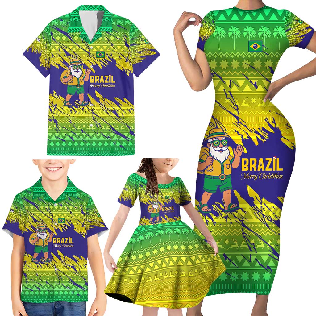 Brazil Christmas Family Matching Short Sleeve Bodycon Dress and Hawaiian Shirt with Tropical Santa Tribal Pattern National Colors and Merry Christmas Text Design - Wonder Print Shop