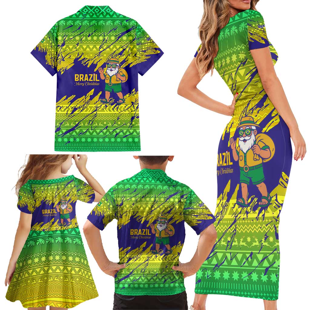 Brazil Christmas Family Matching Short Sleeve Bodycon Dress and Hawaiian Shirt with Tropical Santa Tribal Pattern National Colors and Merry Christmas Text Design - Wonder Print Shop