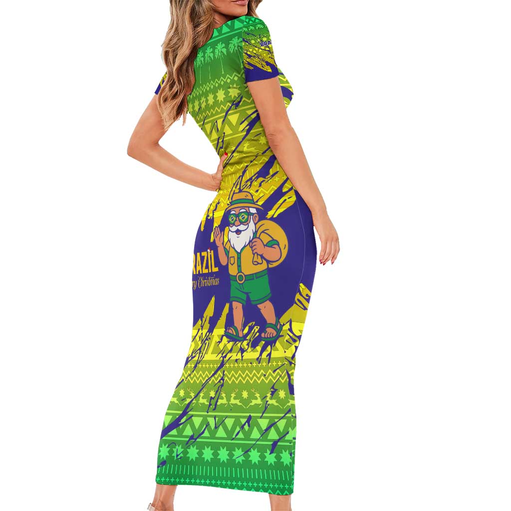 Brazil Christmas Family Matching Short Sleeve Bodycon Dress and Hawaiian Shirt with Tropical Santa Tribal Pattern National Colors and Merry Christmas Text Design - Wonder Print Shop