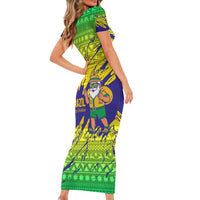 Brazil Christmas Family Matching Short Sleeve Bodycon Dress and Hawaiian Shirt with Tropical Santa Tribal Pattern National Colors and Merry Christmas Text Design - Wonder Print Shop