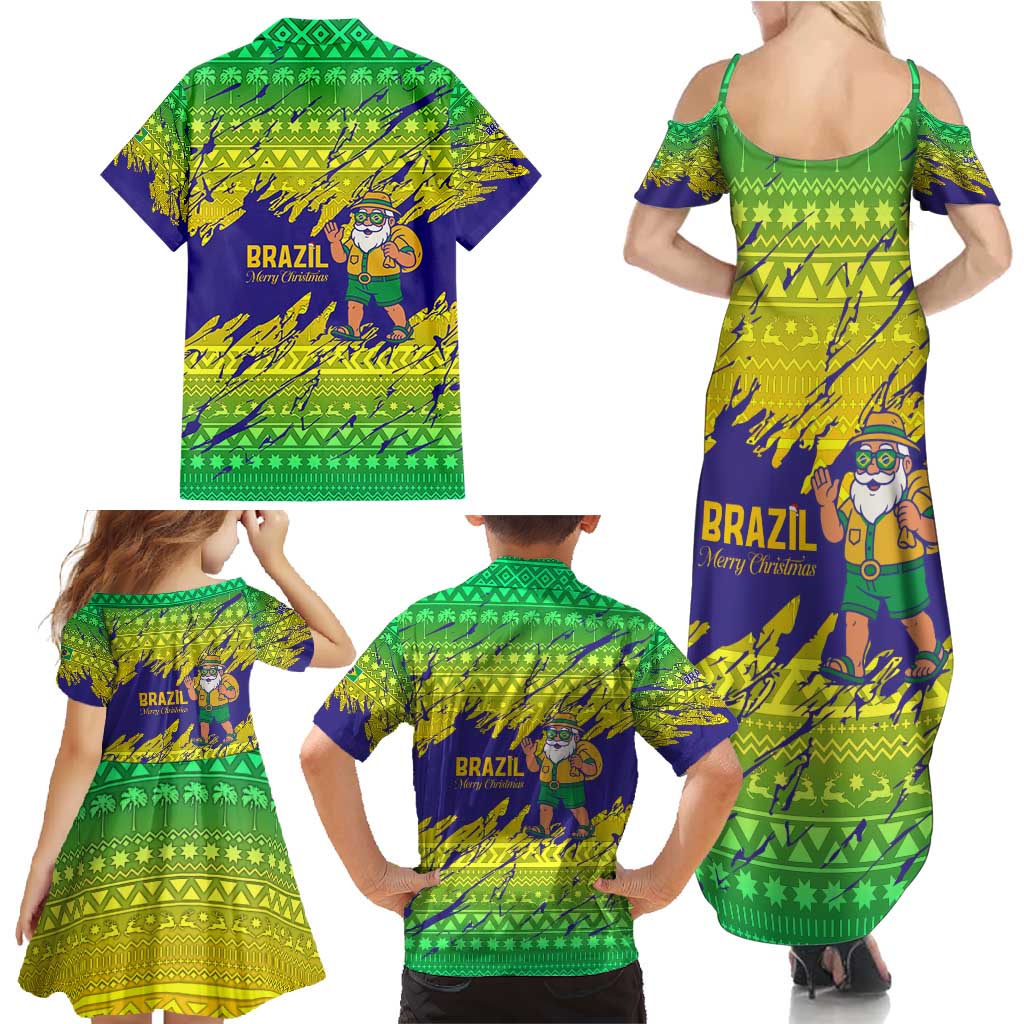 Brazil Christmas Family Matching Summer Maxi Dress and Hawaiian Shirt with Tropical Santa Tribal Pattern National Colors and Merry Christmas Text Design - Wonder Print Shop