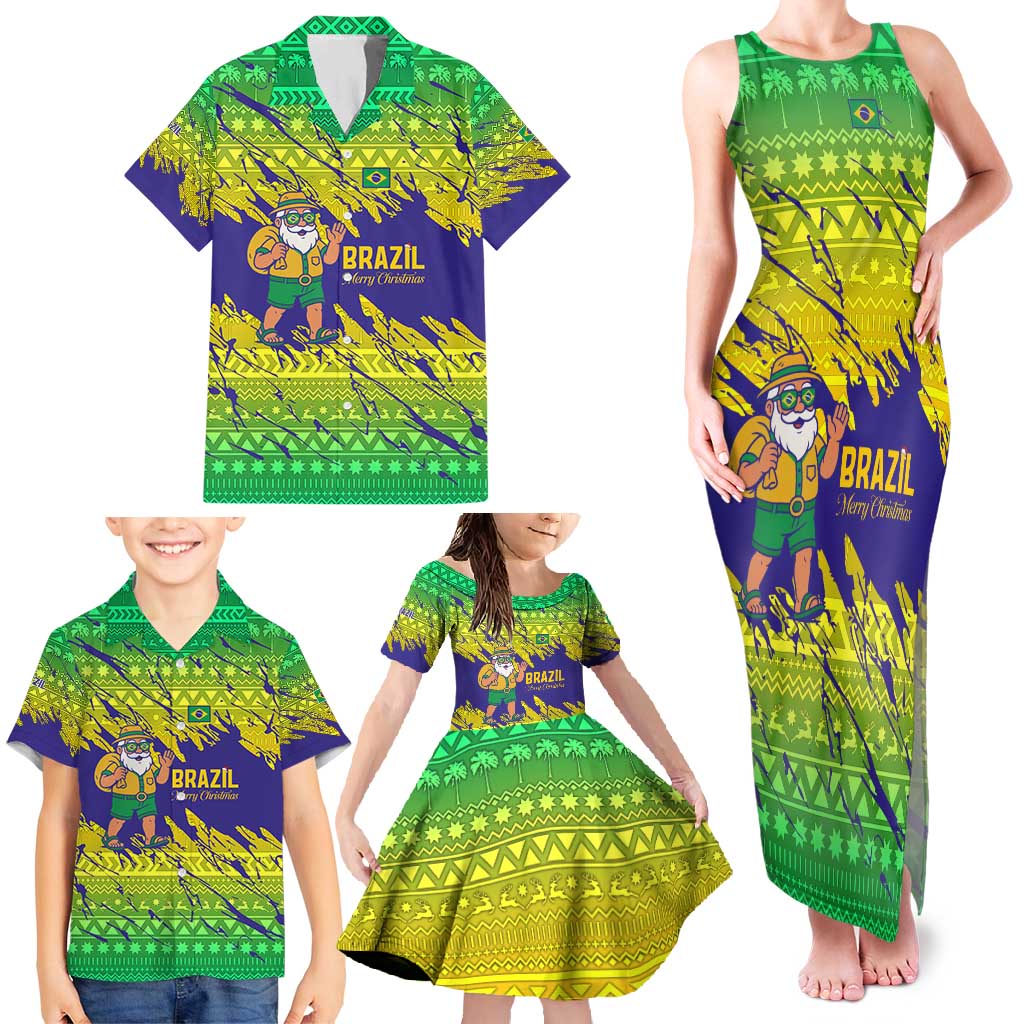 Brazil Christmas Family Matching Tank Maxi Dress and Hawaiian Shirt with Tropical Santa Tribal Pattern National Colors and Merry Christmas Text Design - Wonder Print Shop