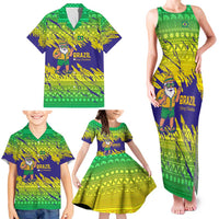 Brazil Christmas Family Matching Tank Maxi Dress and Hawaiian Shirt with Tropical Santa Tribal Pattern National Colors and Merry Christmas Text Design - Wonder Print Shop