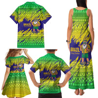 Brazil Christmas Family Matching Tank Maxi Dress and Hawaiian Shirt with Tropical Santa Tribal Pattern National Colors and Merry Christmas Text Design - Wonder Print Shop