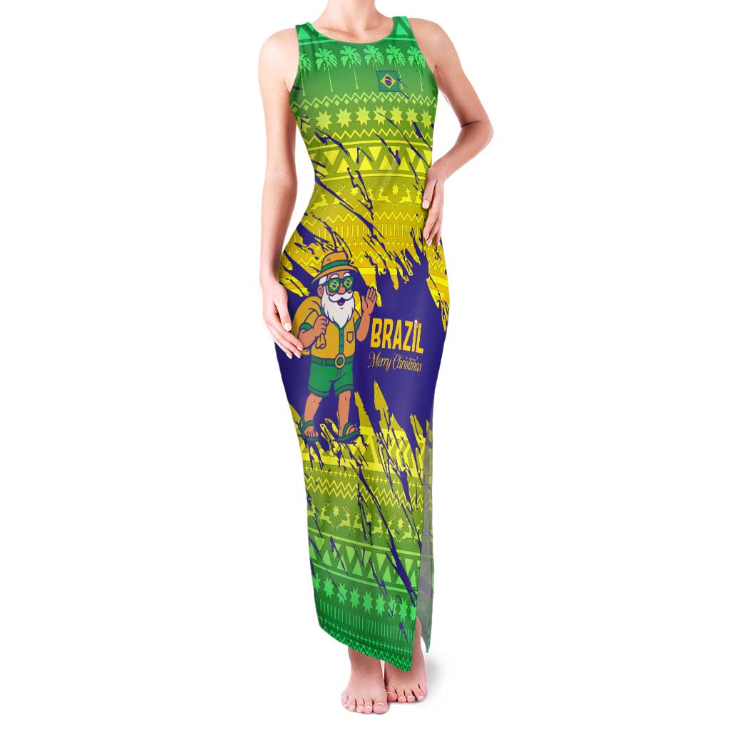 Brazil Christmas Family Matching Tank Maxi Dress and Hawaiian Shirt with Tropical Santa Tribal Pattern National Colors and Merry Christmas Text Design - Wonder Print Shop