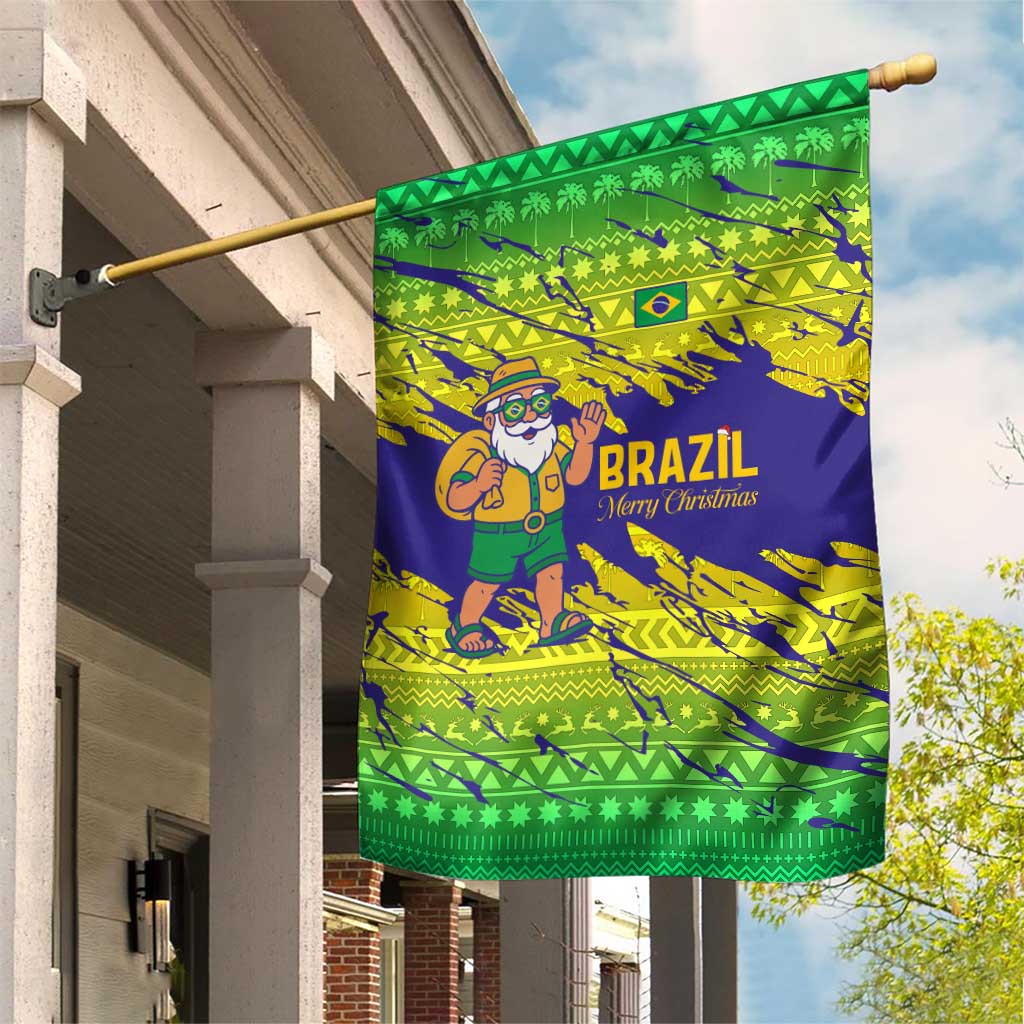 Brazil Christmas Garden Flag with Tropical Santa Tribal Pattern National Colors and Merry Christmas Text Design - Wonder Print Shop