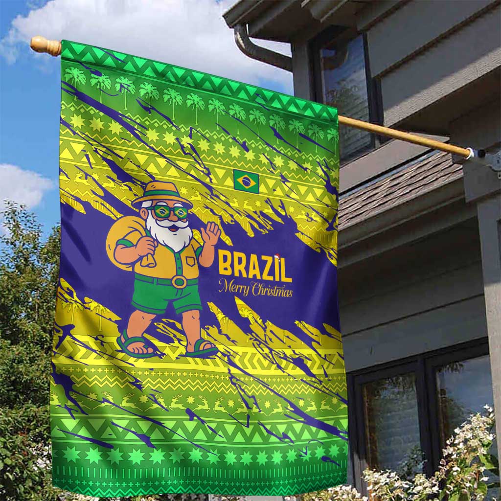 Brazil Christmas Garden Flag with Tropical Santa Tribal Pattern National Colors and Merry Christmas Text Design - Wonder Print Shop