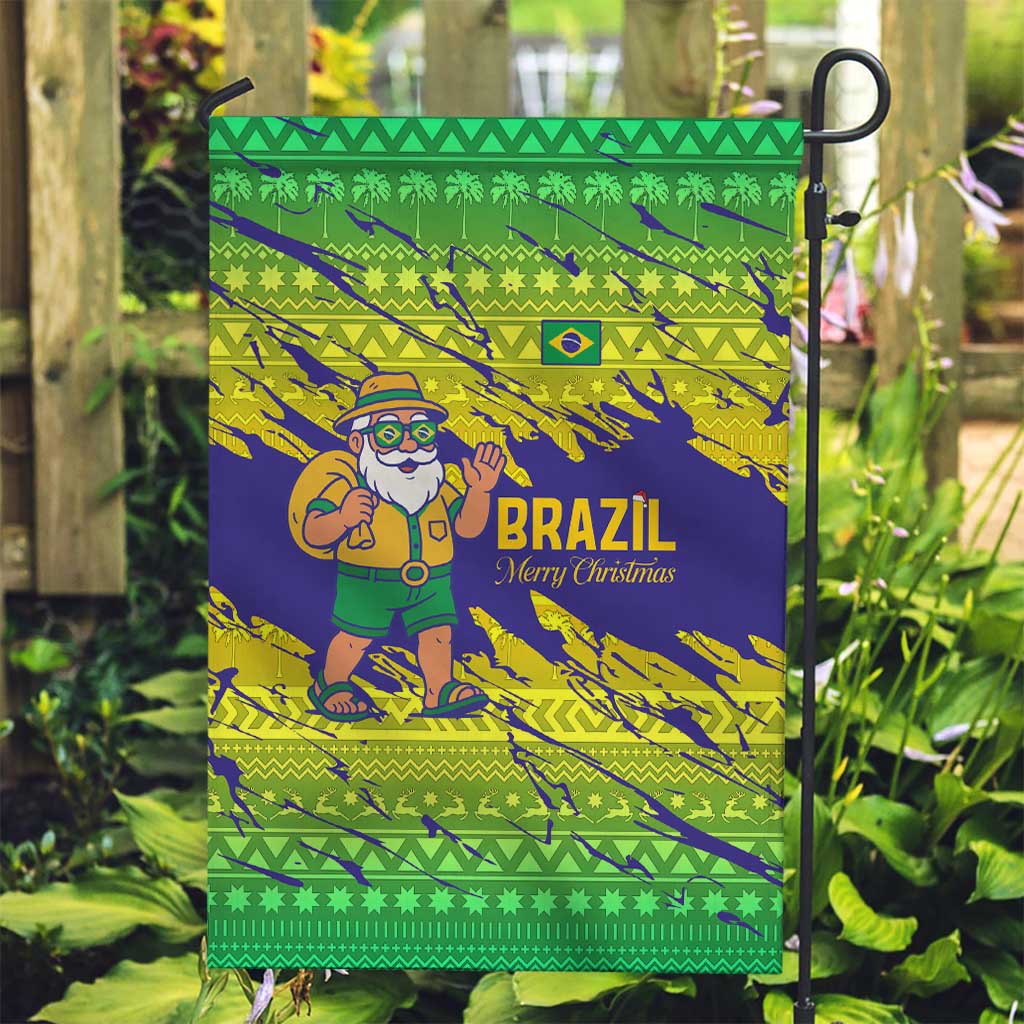 Brazil Christmas Garden Flag with Tropical Santa Tribal Pattern National Colors and Merry Christmas Text Design - Wonder Print Shop