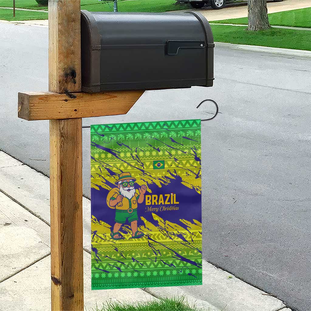 Brazil Christmas Garden Flag with Tropical Santa Tribal Pattern National Colors and Merry Christmas Text Design - Wonder Print Shop