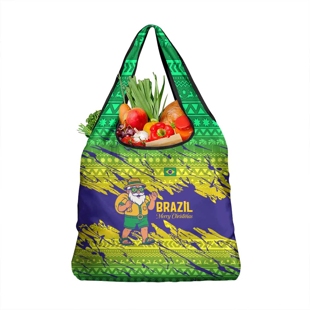 Brazil Christmas Grocery Bag with Tropical Santa Tribal Pattern National Colors and Merry Christmas Text Design - Wonder Print Shop