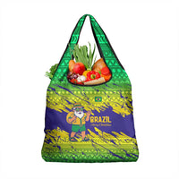 Brazil Christmas Grocery Bag with Tropical Santa Tribal Pattern National Colors and Merry Christmas Text Design - Wonder Print Shop