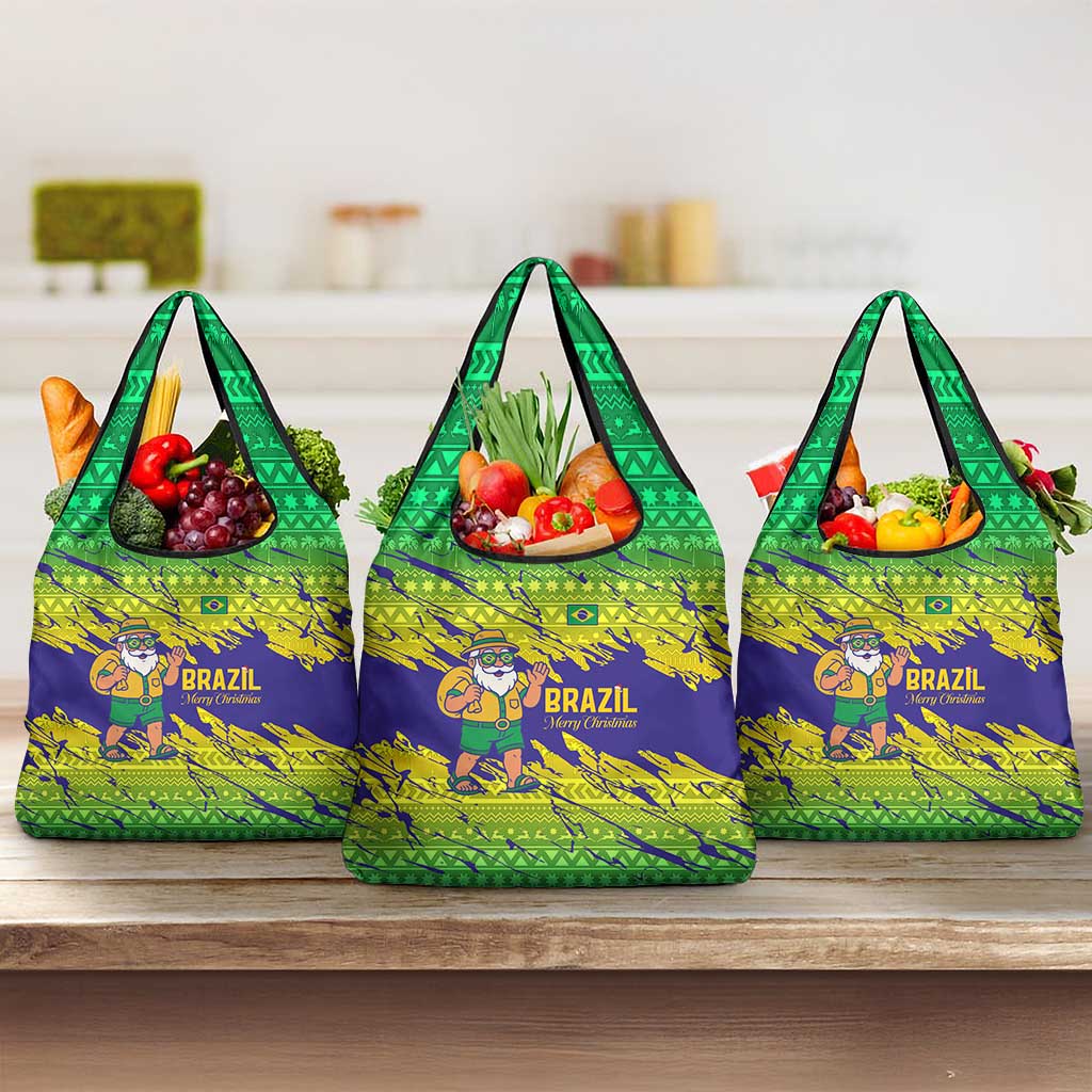 Brazil Christmas Grocery Bag with Tropical Santa Tribal Pattern National Colors and Merry Christmas Text Design - Wonder Print Shop