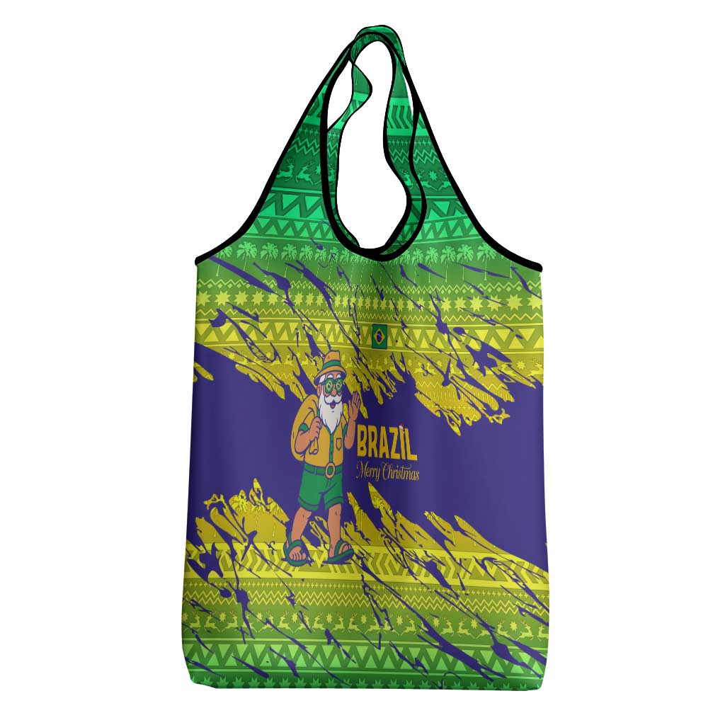 Brazil Christmas Grocery Bag with Tropical Santa Tribal Pattern National Colors and Merry Christmas Text Design - Wonder Print Shop