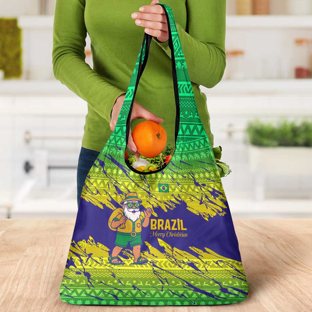 Brazil Christmas Grocery Bag with Tropical Santa Tribal Pattern National Colors and Merry Christmas Text Design - Wonder Print Shop