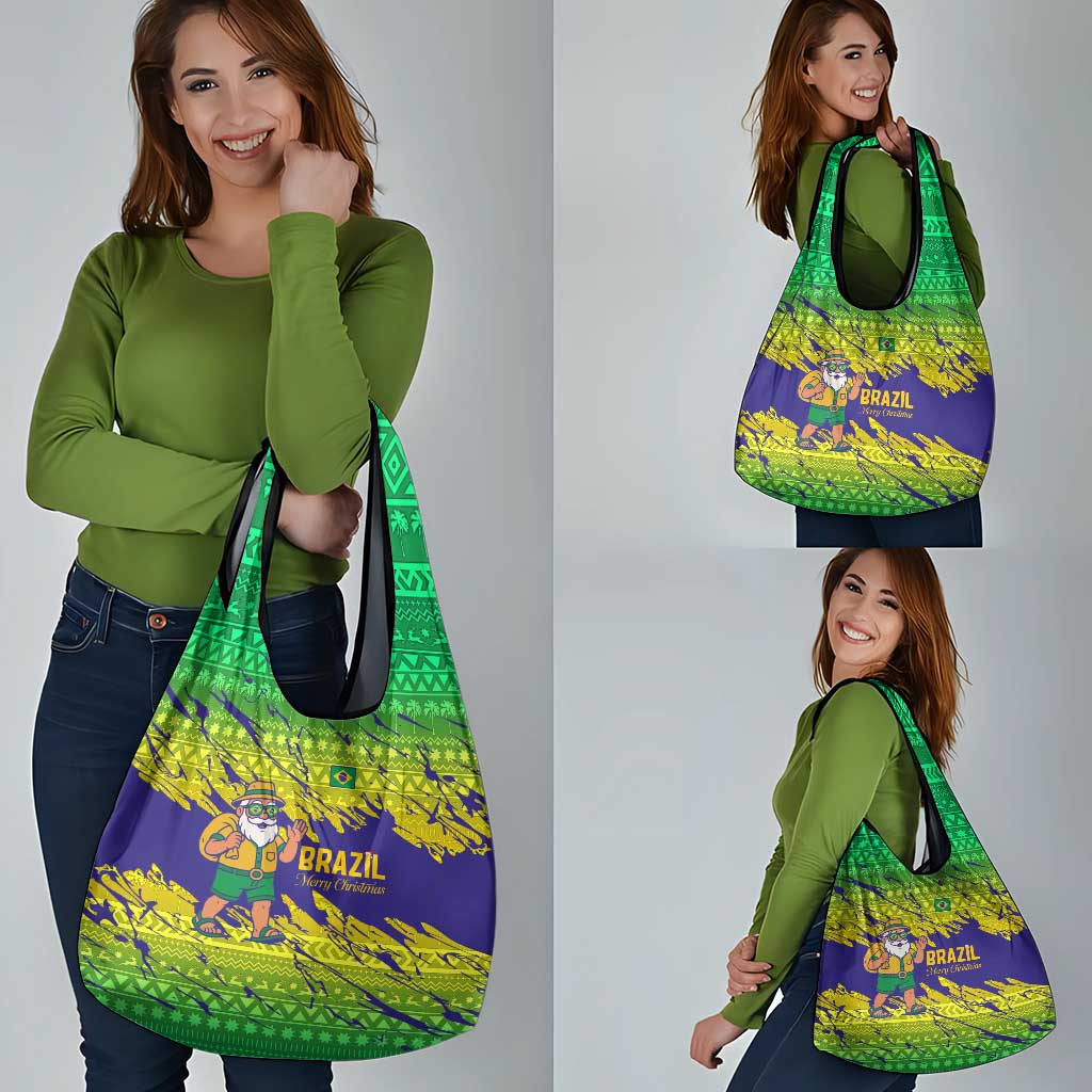 Brazil Christmas Grocery Bag with Tropical Santa Tribal Pattern National Colors and Merry Christmas Text Design - Wonder Print Shop