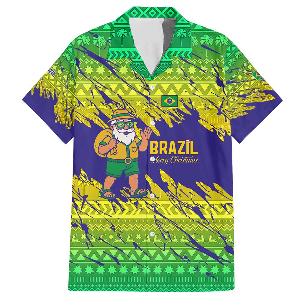 Brazil Christmas Hawaiian Shirt with Tropical Santa Tribal Pattern National Colors and Merry Christmas Text Design - Wonder Print Shop
