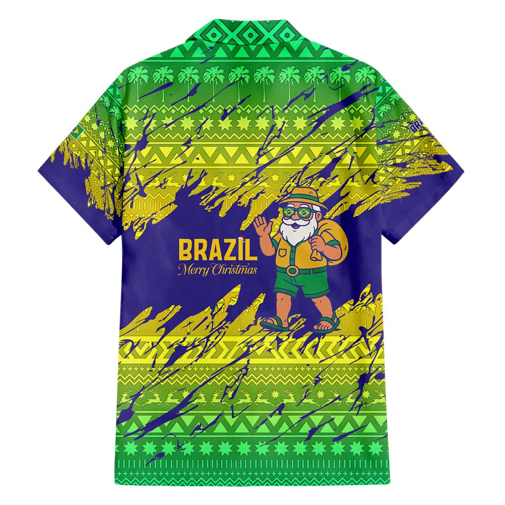 Brazil Christmas Hawaiian Shirt with Tropical Santa Tribal Pattern National Colors and Merry Christmas Text Design - Wonder Print Shop