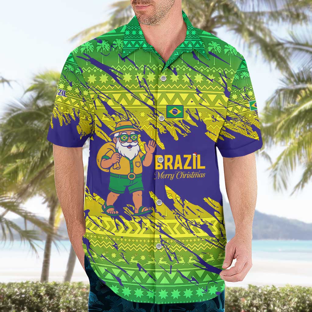 Brazil Christmas Hawaiian Shirt with Tropical Santa Tribal Pattern National Colors and Merry Christmas Text Design - Wonder Print Shop