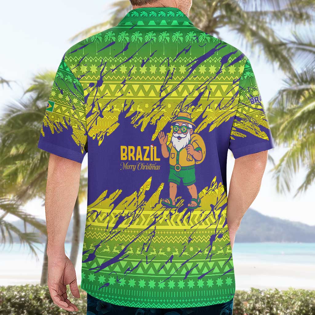 Brazil Christmas Hawaiian Shirt with Tropical Santa Tribal Pattern National Colors and Merry Christmas Text Design - Wonder Print Shop