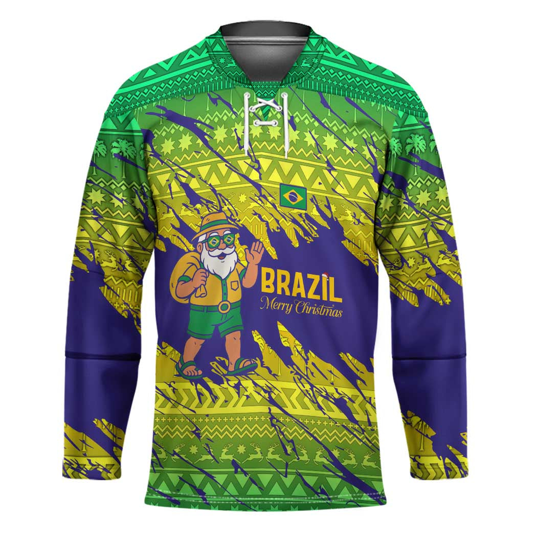 Brazil Christmas Hockey Jersey with Tropical Santa Tribal Pattern National Colors and Merry Christmas Text Design - Wonder Print Shop