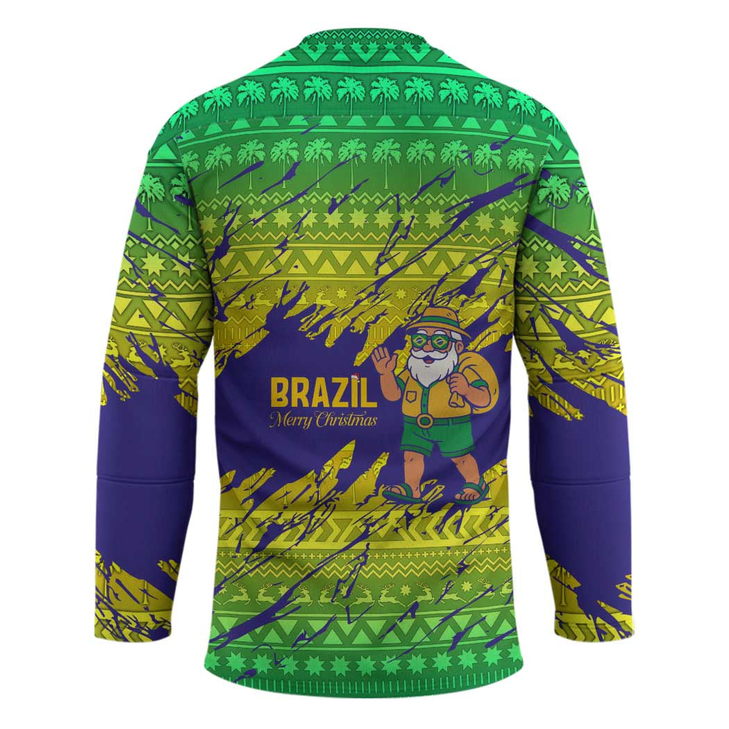 Brazil Christmas Hockey Jersey with Tropical Santa Tribal Pattern National Colors and Merry Christmas Text Design - Wonder Print Shop