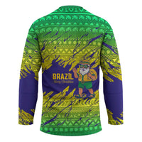 Brazil Christmas Hockey Jersey with Tropical Santa Tribal Pattern National Colors and Merry Christmas Text Design - Wonder Print Shop
