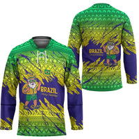 Brazil Christmas Hockey Jersey with Tropical Santa Tribal Pattern National Colors and Merry Christmas Text Design - Wonder Print Shop