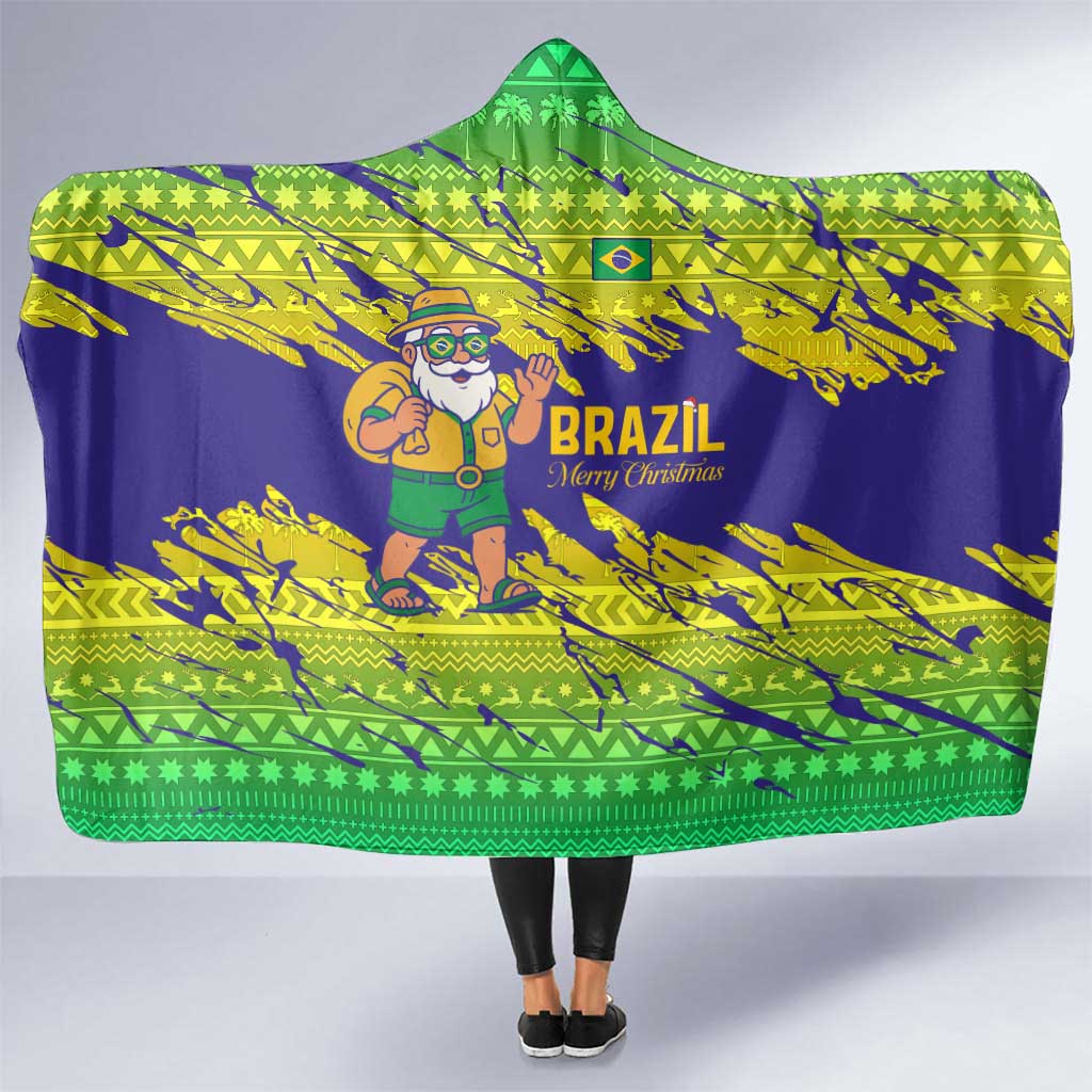 Brazil Christmas Hooded Blanket with Tropical Santa Tribal Pattern National Colors and Merry Christmas Text Design - Wonder Print Shop
