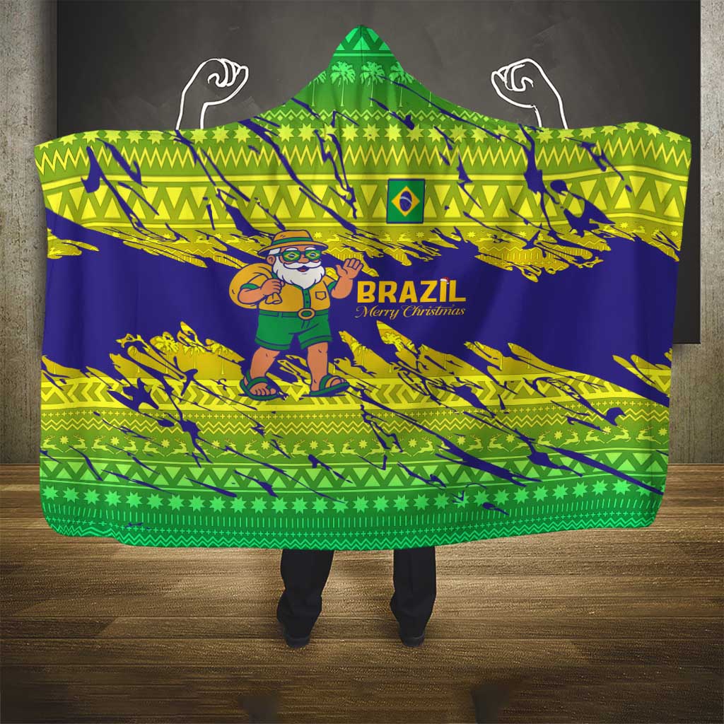 Brazil Christmas Hooded Blanket with Tropical Santa Tribal Pattern National Colors and Merry Christmas Text Design - Wonder Print Shop